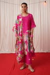 Chrkha_Pink Chanderi Silk Printed Floral Bird Round Pearl Embroidered Kurta Pant Set _Online_at_Aza_Fashions