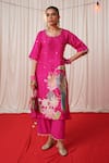 Buy_Chrkha_Pink Chanderi Silk Printed Floral Bird Round Pearl Embroidered Kurta Pant Set _Online_at_Aza_Fashions