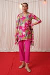 Shop_Chrkha_Pink Chanderi Silk Printed Floral Bird V Neck Embroidered Kurta And Pant Set _Online_at_Aza_Fashions