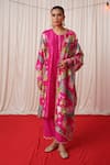 Chrkha_Pink Chanderi Silk Printed Floral Side Panelled Pearl Embroidered Kurta Pant Set _Online_at_Aza_Fashions