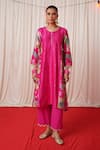 Shop_Chrkha_Pink Chanderi Silk Printed Floral Side Panelled Pearl Embroidered Kurta Pant Set _Online_at_Aza_Fashions