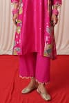 Chrkha_Pink Chanderi Silk Printed Floral Side Panelled Pearl Embroidered Kurta Pant Set _at_Aza_Fashions