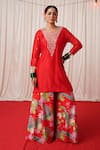 Chrkha_Red Chanderi Silk Printed Floral Sequin And Pearl Embroidered Kurta Sharara Set _Online_at_Aza_Fashions