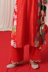 Buy_Chrkha_Red Chanderi Silk Printed Floral Bird Round Panelled Kurta Pant Set _Online_at_Aza_Fashions