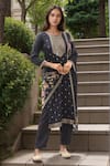 Buy_Samyukta Singhania_Black Kurta Dola Silk Print Floral Round Neck Zardozi Embellished Pant Set _at_Aza_Fashions