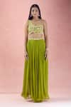 The Pink Penguin by Charmy_Green Net Embroidery Stones Heart One Shoulder Choli With Lehenga For Kids_at_Aza_Fashions