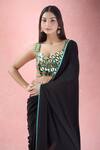 The Pink Penguin by Charmy_Black Crepe Embroidery Mirror Sweetheart Pant Saree With Blouse _at_Aza_Fashions