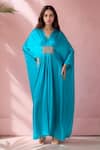 Buy_Ranian_Blue Silk Satin Embroidery Bead V Neck Patch Gathered Front Kaftan _at_Aza_Fashions