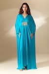 Ranian_Blue Silk Satin Embroidery Bead V Neck Patch Gathered Front Kaftan _Online_at_Aza_Fashions