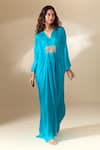 Buy_Ranian_Blue Silk Satin Embroidery Bead V Neck Patch Gathered Front Kaftan _Online_at_Aza_Fashions