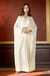 Buy_Ranian_Ivory Silk Satin Embroidery Bead V Neck Patch Work Gathered Front Kaftan _at_Aza_Fashions