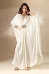 Shop_Ranian_Ivory Silk Satin Embroidery Bead V Neck Patch Work Gathered Front Kaftan _Online_at_Aza_Fashions