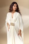 Ranian_Ivory Silk Satin Embroidery Bead V Neck Patch Work Gathered Front Kaftan _at_Aza_Fashions