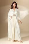 Shop_Ranian_Ivory Silk Satin Embroidery Bead V Neck Patch Work Gathered Front Kaftan 