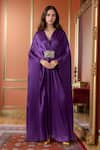 Buy_Ranian_Purple Silk Satin Embroidery Bead V Neck Patch Work Gathered Front Kaftan _at_Aza_Fashions