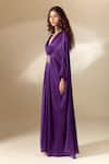 Buy_Ranian_Purple Silk Satin Embroidery Bead V Neck Patch Work Gathered Front Kaftan _Online_at_Aza_Fashions