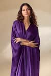 Ranian_Purple Silk Satin Embroidery Bead V Neck Patch Work Gathered Front Kaftan _at_Aza_Fashions