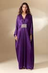 Buy_Ranian_Purple Silk Satin Embroidery Bead V Neck Patch Work Gathered Front Kaftan 