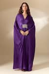 Shop_Ranian_Purple Silk Satin Embroidery Bead V Neck Patch Work Gathered Front Kaftan 