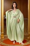 Buy_Ranian_Green Silk Satin Embroidery Bead V Neck Patchwork Gathered Front Kaftan _at_Aza_Fashions