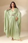 Buy_Ranian_Green Silk Satin Embroidery Bead V Neck Patchwork Gathered Front Kaftan _Online_at_Aza_Fashions