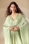 Ranian_Green Silk Satin Embroidery Bead V Neck Patchwork Gathered Front Kaftan _at_Aza_Fashions