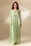 Shop_Ranian_Green Silk Satin Embroidery Bead V Neck Patchwork Gathered Front Kaftan 