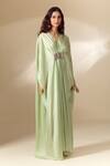 Ranian_Green Silk Satin Embroidery Bead V Neck Patchwork Gathered Front Kaftan _Online