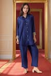 Buy_Ranian_Blue Silk Blend Embroidery Pearl Work Cuff High Low Shirt With Flared Pant _at_Aza_Fashions