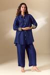 Buy_Ranian_Blue Silk Blend Embroidery Pearl Work Cuff High Low Shirt With Flared Pant 