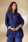 Shop_Ranian_Blue Silk Blend Embroidery Pearl Work Cuff High Low Shirt With Flared Pant 