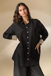 Buy_Ranian_Black Silk Blend Embroidery Pearl Moti Work Cuff High Low Shirt With Flared Pant 