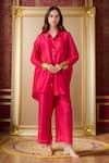 Buy_Ranian_Fuchsia Silk Blend Embroidery Pearl Moti Cuff High Low Shirt With Flared Pant _at_Aza_Fashions