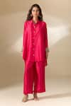 Buy_Ranian_Fuchsia Silk Blend Embroidery Pearl Moti Cuff High Low Shirt With Flared Pant _Online_at_Aza_Fashions