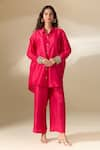 Shop_Ranian_Fuchsia Silk Blend Embroidery Pearl Moti Cuff High Low Shirt With Flared Pant _Online_at_Aza_Fashions