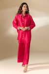 Ranian_Fuchsia Silk Blend Embroidery Pearl Moti Cuff High Low Shirt With Flared Pant _at_Aza_Fashions