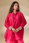 Buy_Ranian_Fuchsia Silk Blend Embroidery Pearl Moti Cuff High Low Shirt With Flared Pant 