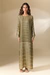 Ranian_Green Silk Satin Embroidery Badla Round Neck Stripe Kaftan _at_Aza_Fashions