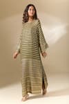 Ranian_Green Silk Satin Embroidery Badla Round Neck Stripe Kaftan _Online