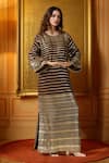 Buy_Ranian_Brown Silk Satin Embroidery Badla Round Neck Striped Vine Kaftan _at_Aza_Fashions