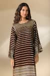 Buy_Ranian_Brown Silk Satin Embroidery Badla Round Neck Striped Vine Kaftan _Online_at_Aza_Fashions