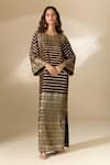 Ranian_Brown Silk Satin Embroidery Badla Round Neck Striped Vine Kaftan _at_Aza_Fashions