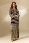 Buy_Ranian_Brown Silk Satin Embroidery Badla Round Neck Striped Vine Kaftan 