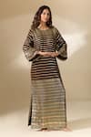 Shop_Ranian_Brown Silk Embroidery Badla Round Neck Striped Vine Kaftan 