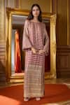 Shop_Ranian_Pink Silk Satin Embroidery Badla Round Neck Striped Vine Side Slit Kaftan _at_Aza_Fashions