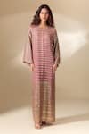 Shop_Ranian_Pink Silk Embroidery Badla Round Neck Striped Vine Side Slit Kaftan _Online_at_Aza_Fashions