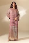 Shop_Ranian_Pink Silk Satin Embroidery Badla Round Neck Striped Vine Side Slit Kaftan 