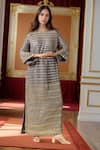 Buy_Ranian_Grey Silk Satin Embroidery Badla Round Neck Striped Vine Work Side Slit Kaftan _at_Aza_Fashions