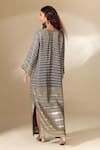 Ranian_Grey Silk Satin Embroidery Badla Round Neck Striped Vine Work Side Slit Kaftan _Online_at_Aza_Fashions