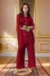 Buy_Ranian_Maroon Silk Blend Embroidery Pearl Collar Cuff High Low Shirt With Flared Pant _at_Aza_Fashions